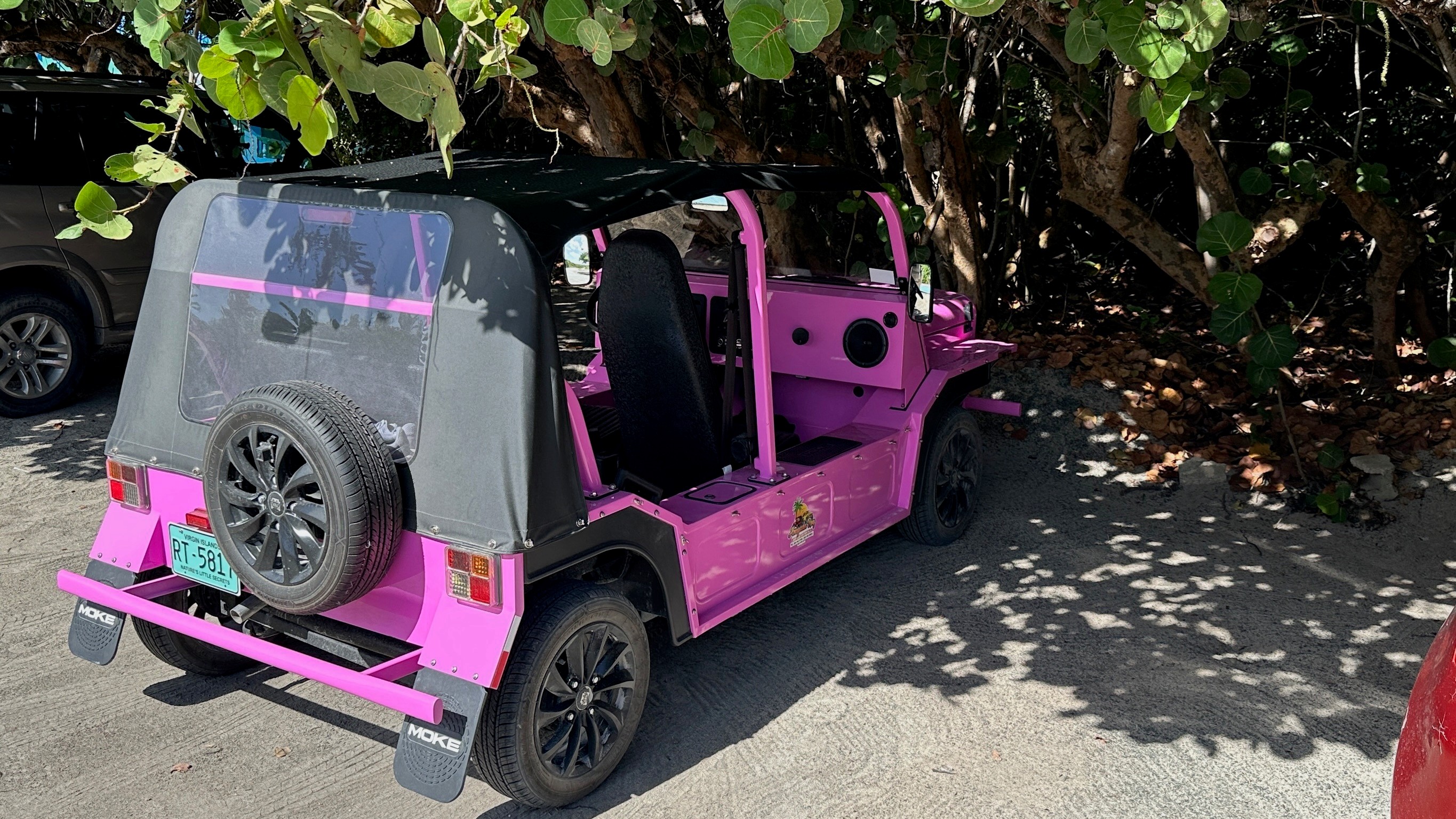 Knallpinker Moke-Strandbuggy mit schwarzem Verdeck unter schattigen Bäumen auf den British Virgin Islands