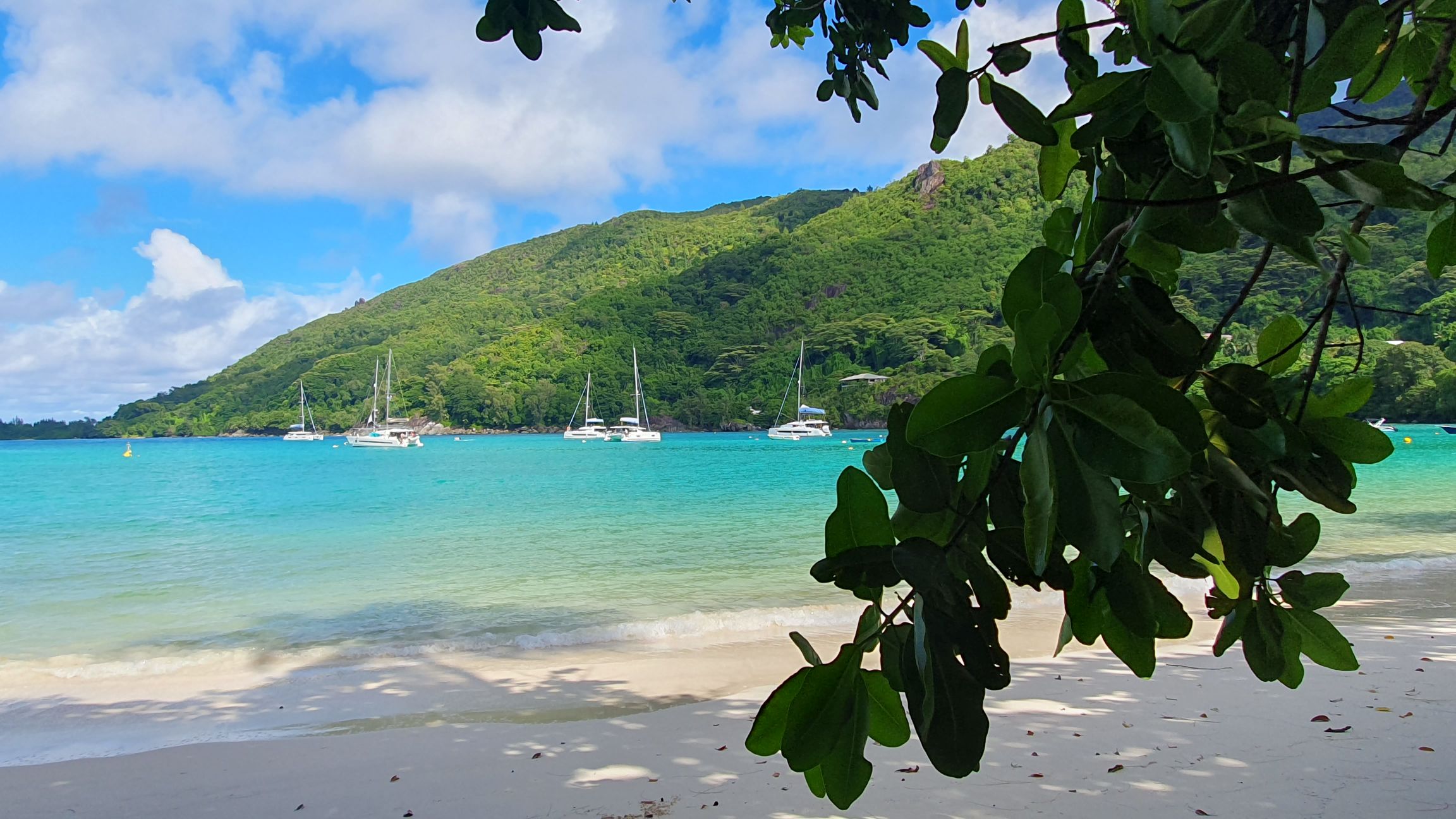 Die große Bucht von Port Launay vom Strand aus mit türkis blauem Wasser und weißen Yachten