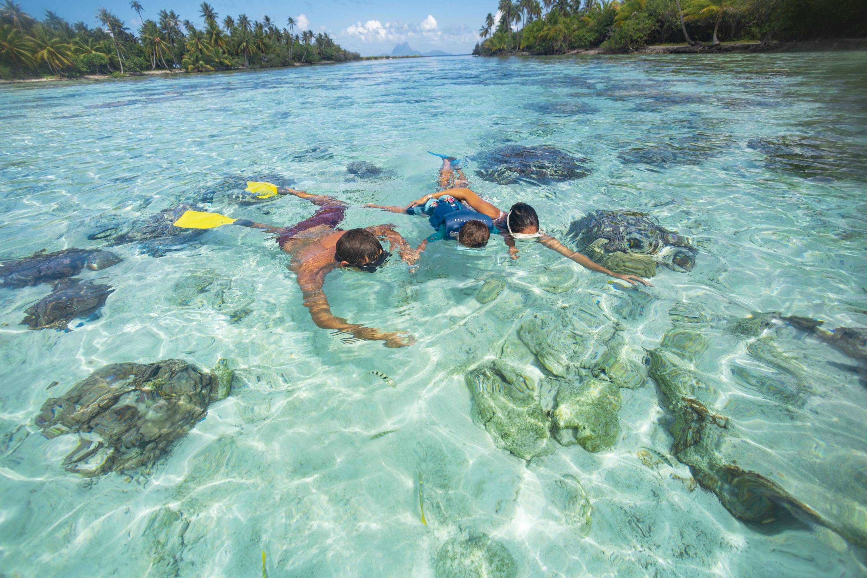 Familie beim Schnorcheln im flachen, klaren Wasser der Lagune von Taha’a mit bunten Fischen und Korallen.