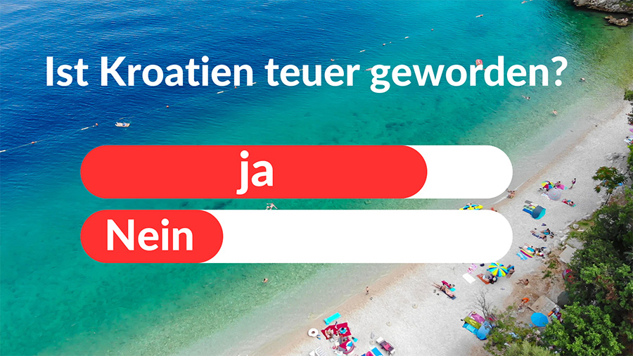 Umfrageergebnis von kroati.de Ist Kroatien teurer geworden. Gut 80% stimmen mit Ja, knapp 20% stimmen mit Nein.